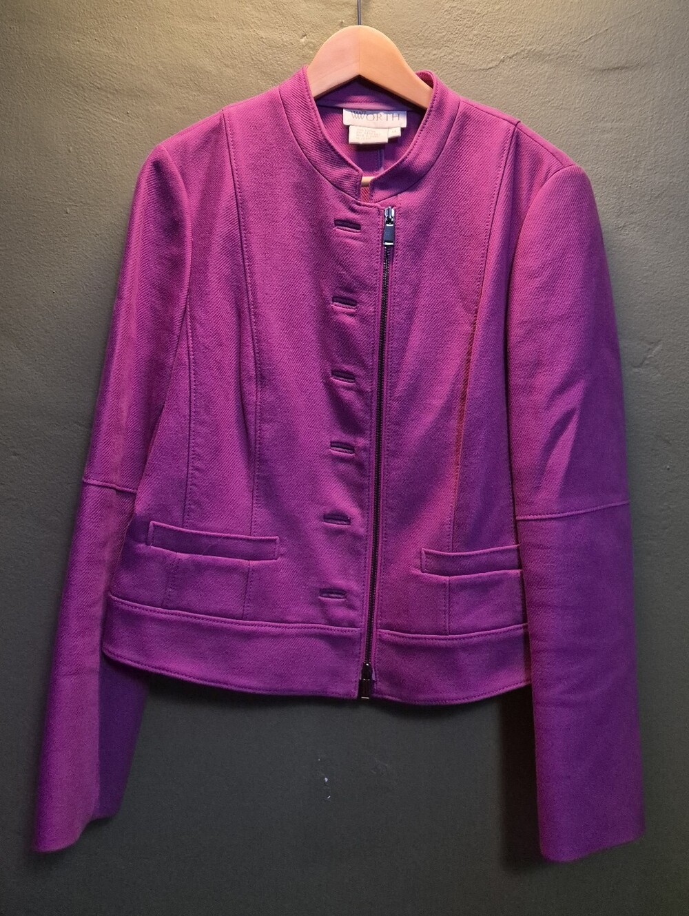 Worth New York Purple Cotton Knit Zip Front Jacket Blazer Women's 14